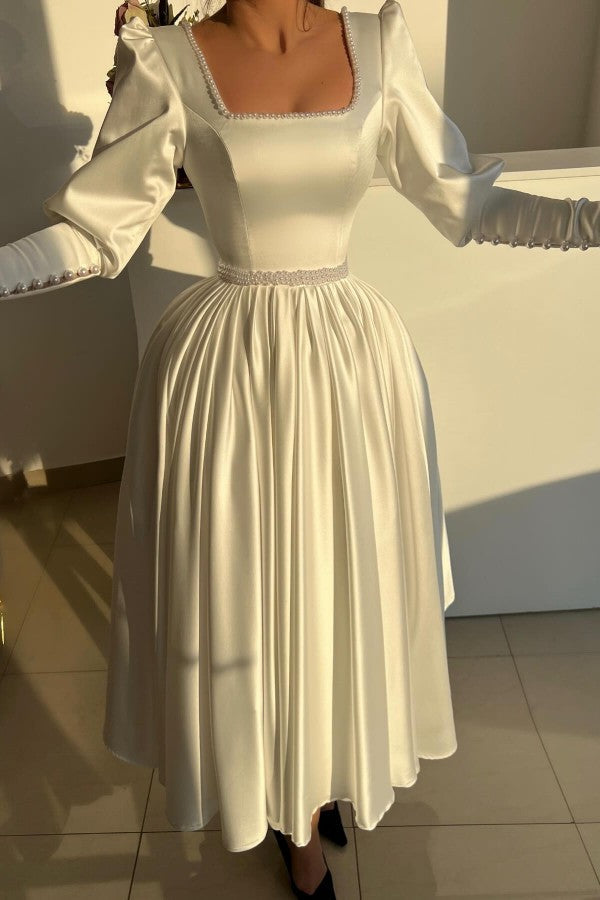 Satin A Line Prom Dress with Pearl Square Neck and Puff Sleeves
