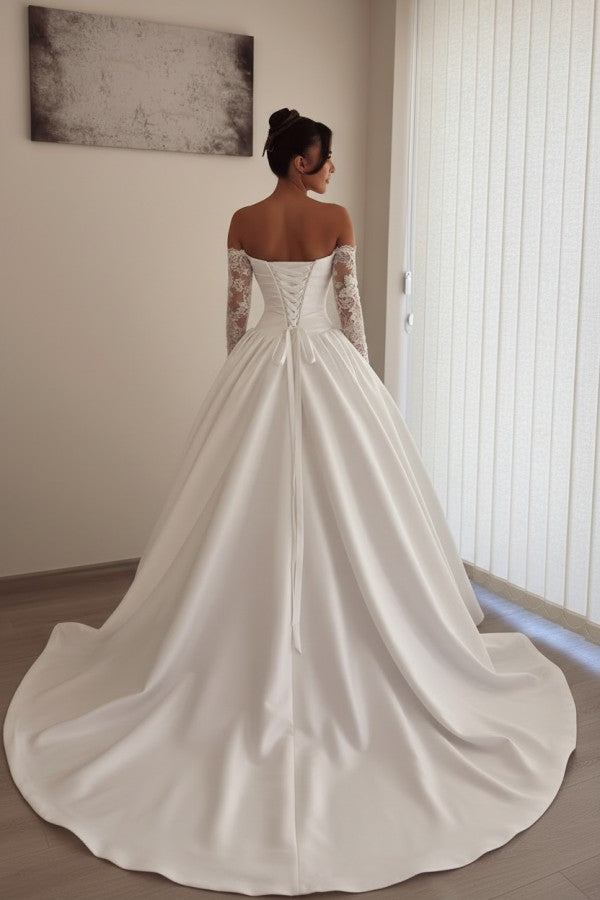 Satin A Line Wedding Dress with Lace Sleeves and Pleated Corset Bodice