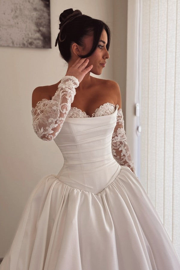 Satin A Line Wedding Dress with Lace Sleeves and Pleated Corset Bodice