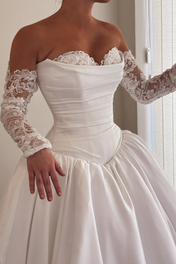 Satin A Line Wedding Dress with Lace Sleeves and Pleated Corset Bodice