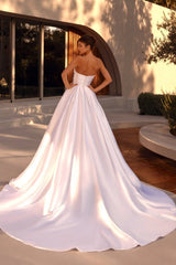 Satin A Line Wedding Dress with Side Slit and Detachable Puff Sleeves
