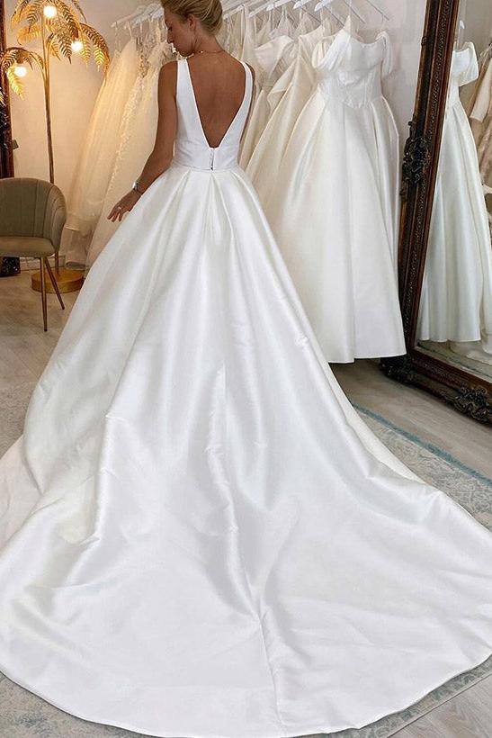 Satin A-Line Wedding Dress with V-Neck Sleeveless Design Sweep Train and High Split