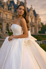 Satin Ball Gown Wedding Dress with Back Bow and Cathedral Train