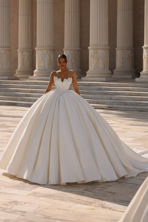 Satin Ball Gown Wedding Dress with Corset Bodice and Rhinestone Neckline