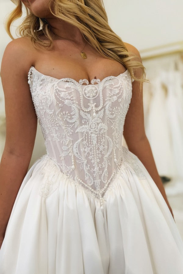 Satin Ball Gown Wedding Dress with Pearl Corset Bodice and Open Back