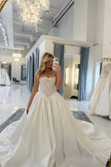 Satin Ball Gown Wedding Dress with Pearl Corset Bodice and Open Back