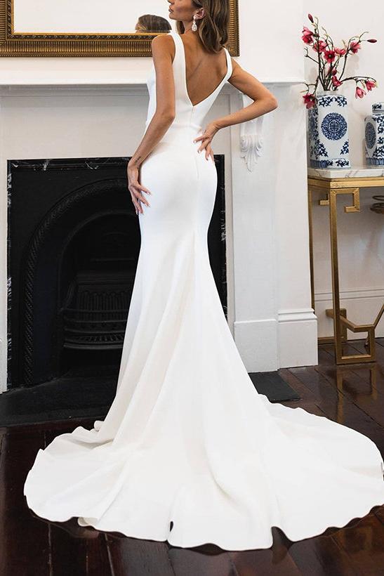 Satin Beach Wedding Dresses - Elegant Trumpet/Mermaid V-Neck Sleeveless