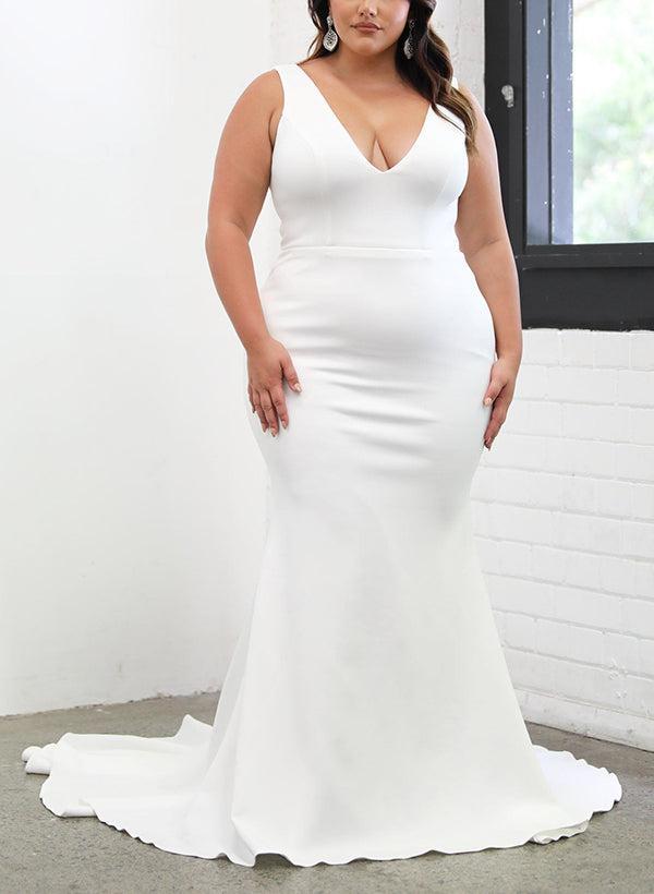 Satin Beach Wedding Dresses - Elegant Trumpet/Mermaid V-Neck Sleeveless
