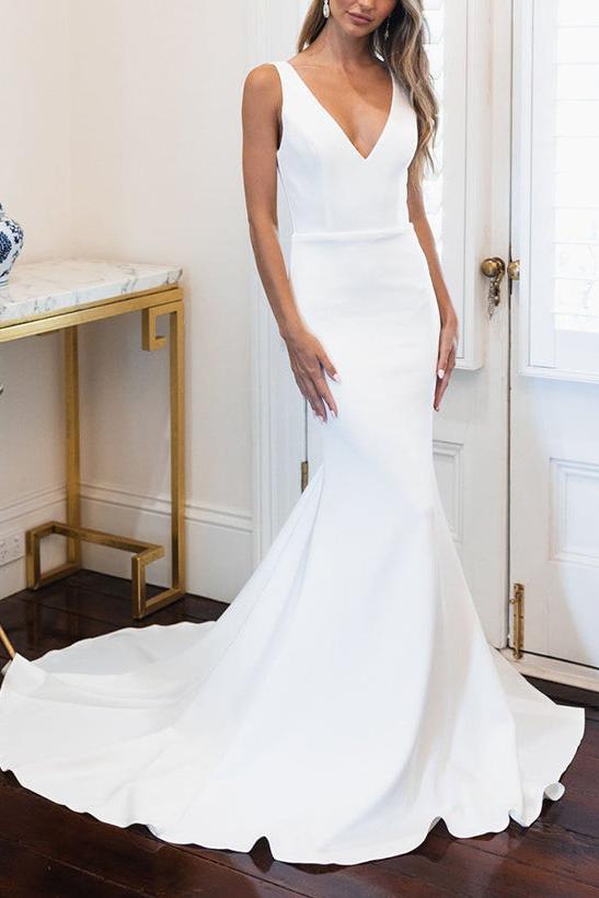 Satin Beach Wedding Dresses - Elegant Trumpet/Mermaid V-Neck Sleeveless