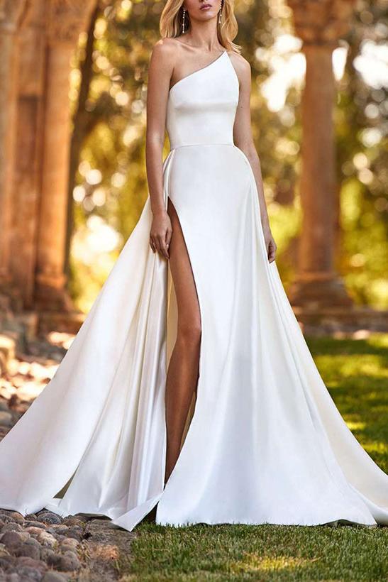 Dreamyannie Women Beach Wedding Dress Satin Bridal Dress With Split Front Dreamyannie UK Dreamyannie Women Beach Wedding Dress Satin Bridal Dress With Split Front Dreamyannie UK