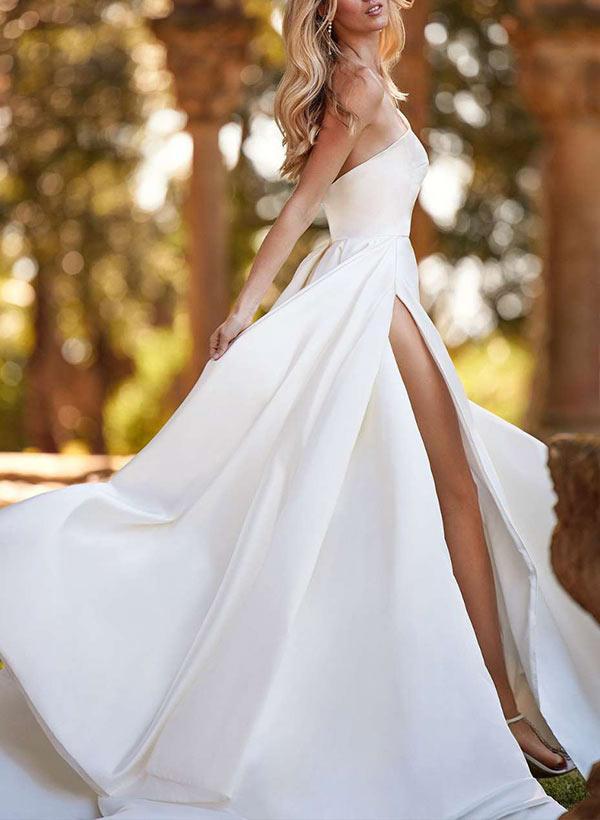 Dreamyannie Women Beach Wedding Dress Satin Bridal Dress With Split Front –  Dreamyannie UK
