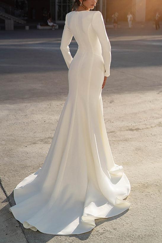 Satin Beaded Wedding Dresses Trumpet/Mermaid V-Neck Bridal Gown with Long Sleeves