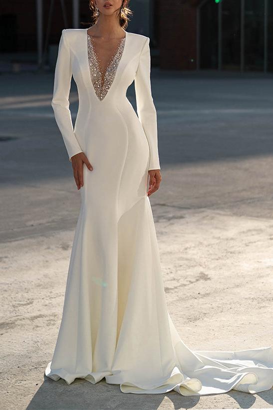Satin Beaded Wedding Dresses Trumpet/Mermaid V-Neck Bridal Gown with Long Sleeves