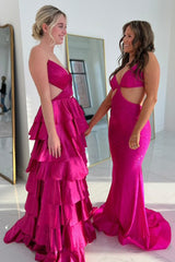 Satin Blue Prom Dress Ruffled Ruched A Line Long Formal Dress With Slit