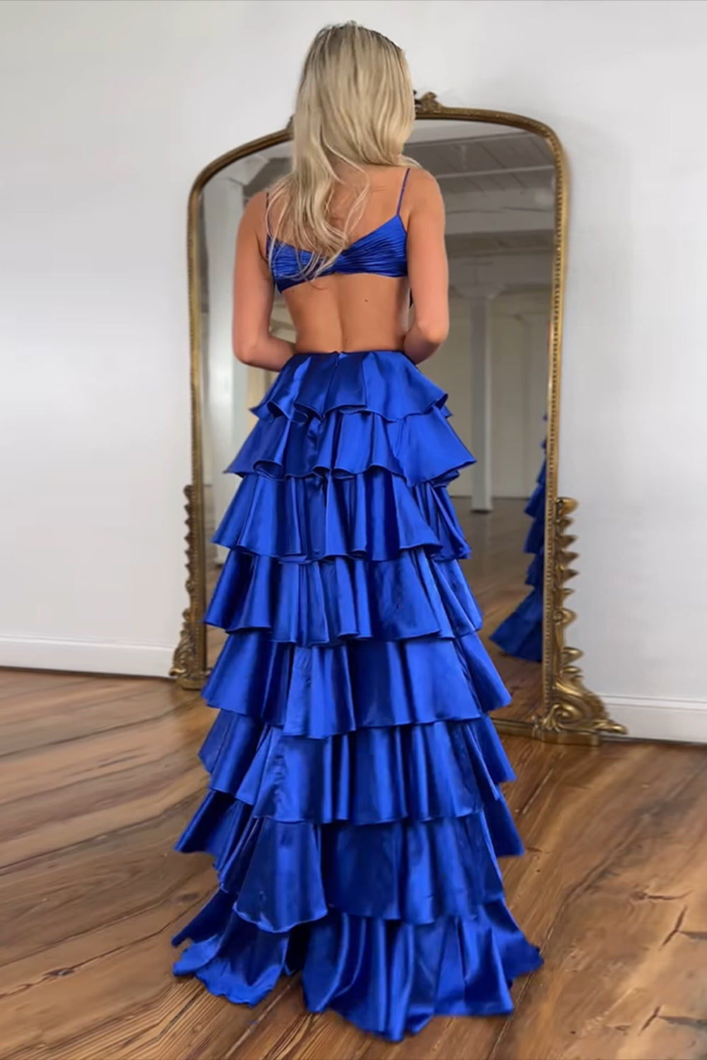 Satin Blue Prom Dress Ruffled Ruched A Line Long Formal Dress With Slit