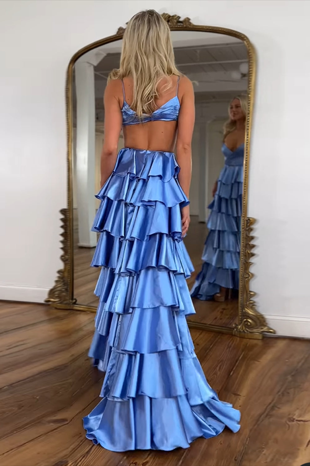 Satin Blue Prom Dress Ruffled Ruched A Line Long Formal Dress With Slit