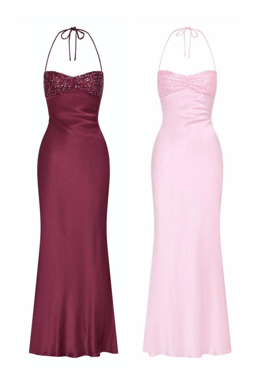 Satin Halter Neck Lace Up Long Prom Party Dress With Sequin Formal Evening Gown