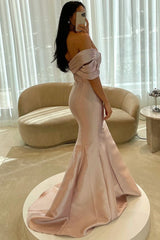 Satin Mermaid Prom Dress with Pleated Off Shoulder Neckline and Train