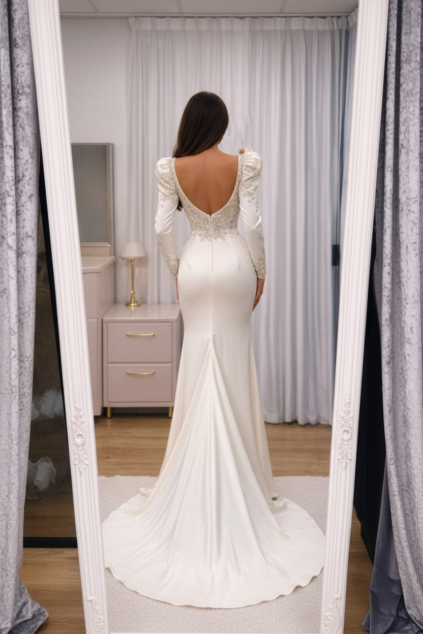 Satin Mermaid Prom Dress with Puff Sleeves and High Slit