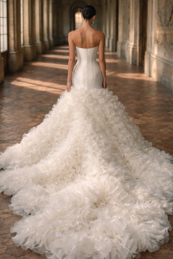 Satin Mermaid Wedding Dress with Corset Bodice and Ruffled Organza Train