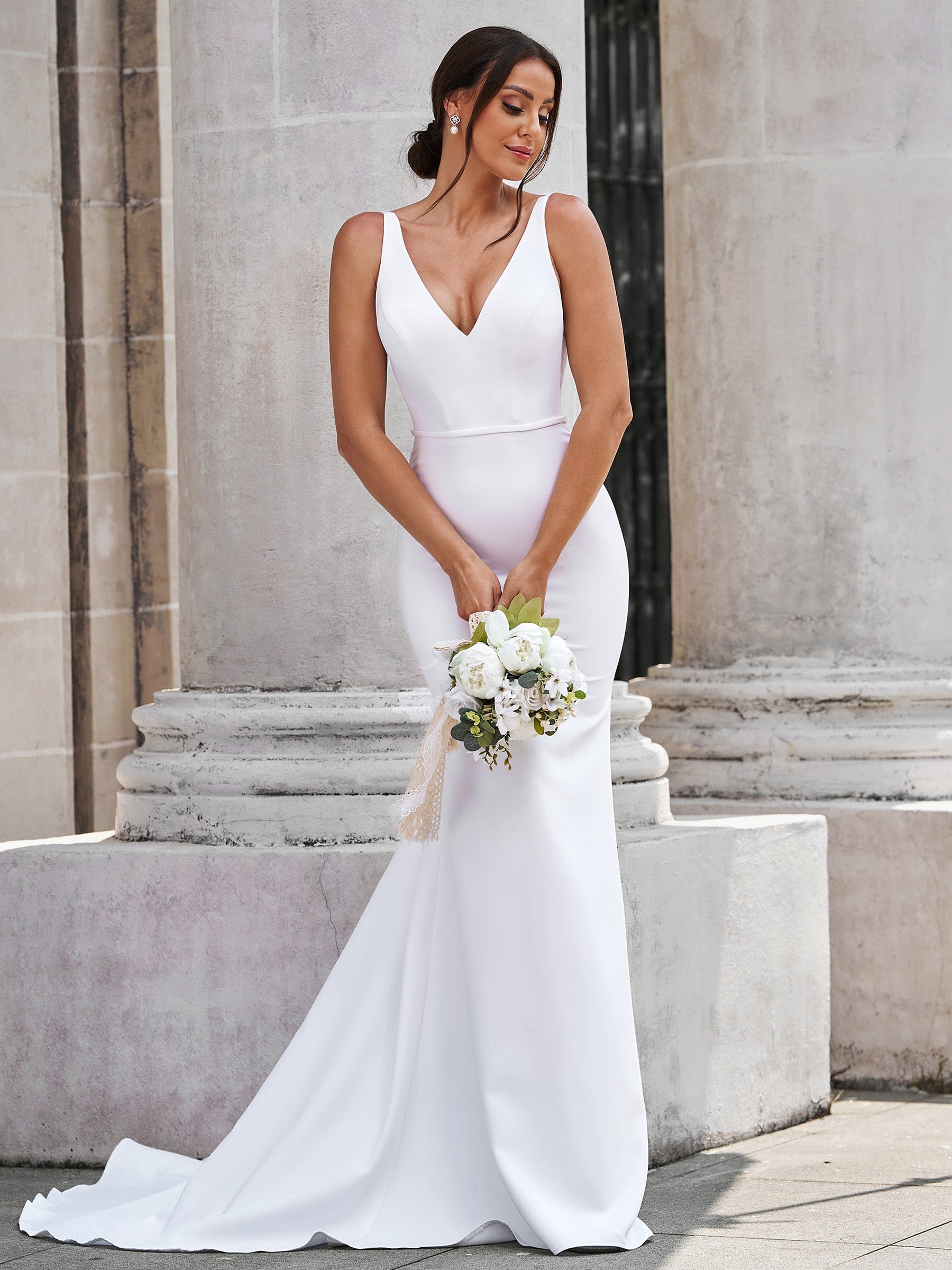 Satin Mermaid Wedding Dress with V-Neck and Lace Appliques