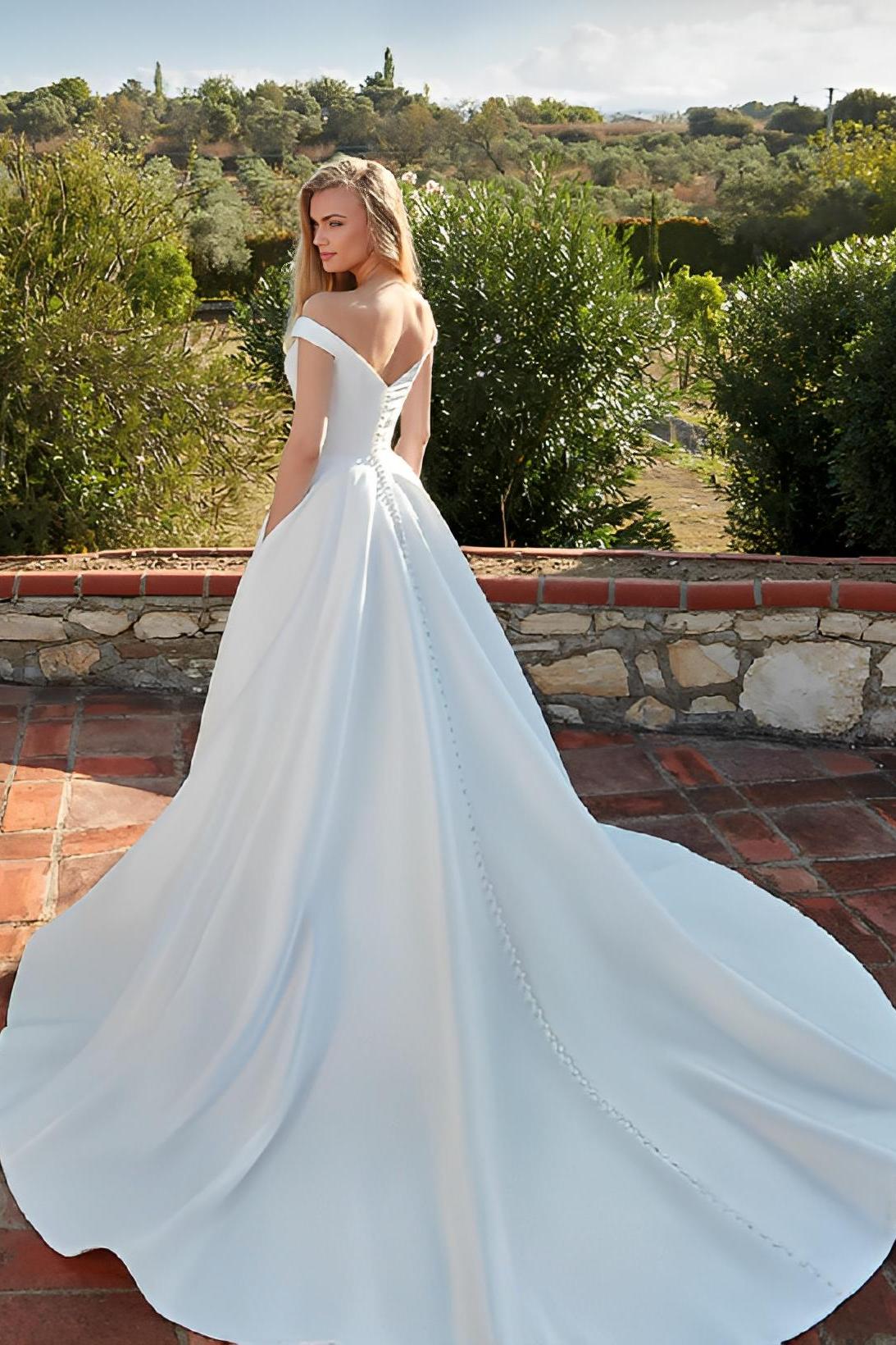 Satin Off-the-Shoulder Ball-Gown Boho Beach Wedding Dresses