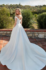 Satin Off-the-Shoulder Ball-Gown Boho Beach Wedding Dresses