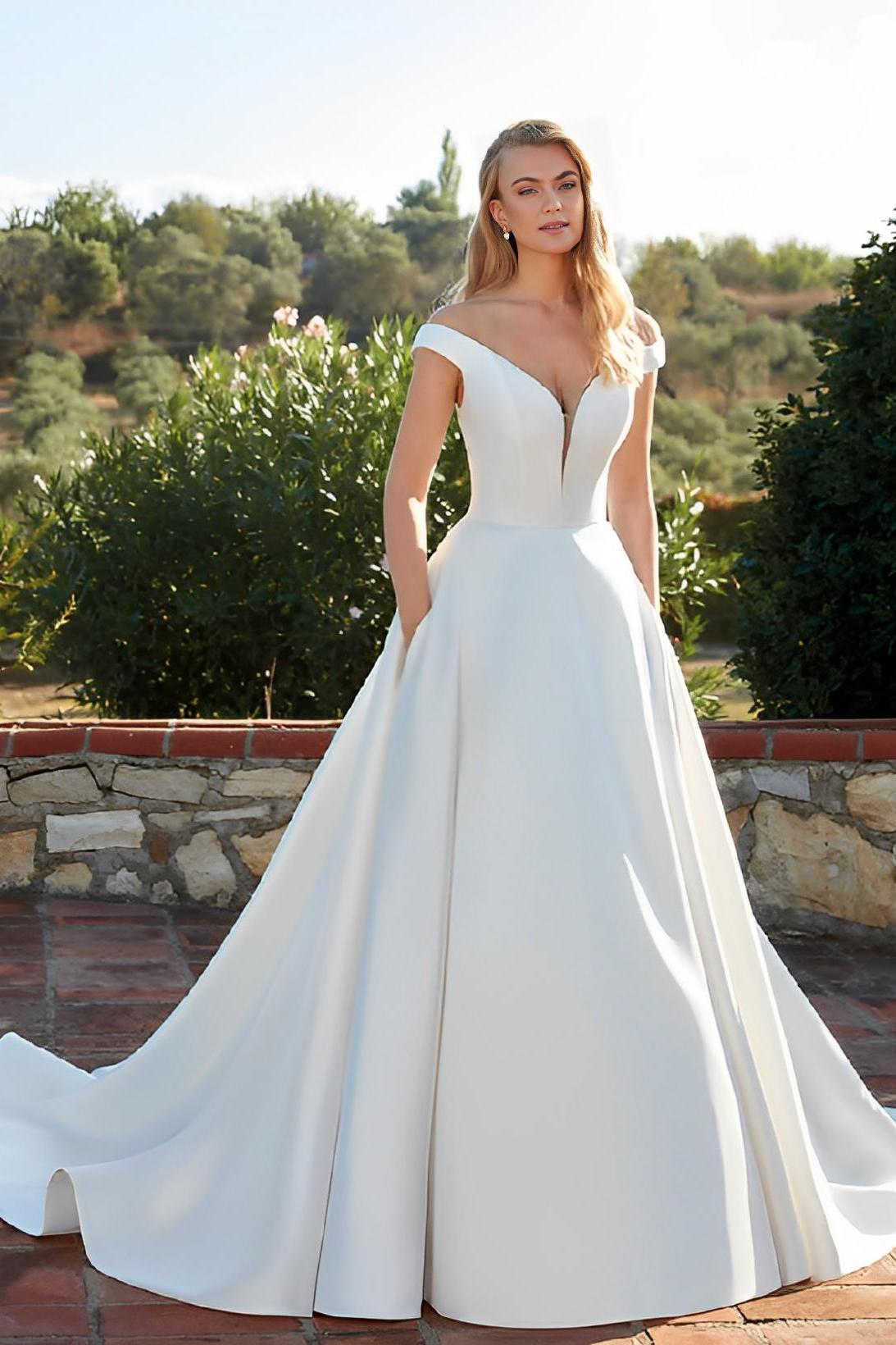 Satin Off-the-Shoulder Ball-Gown Boho Beach Wedding Dresses