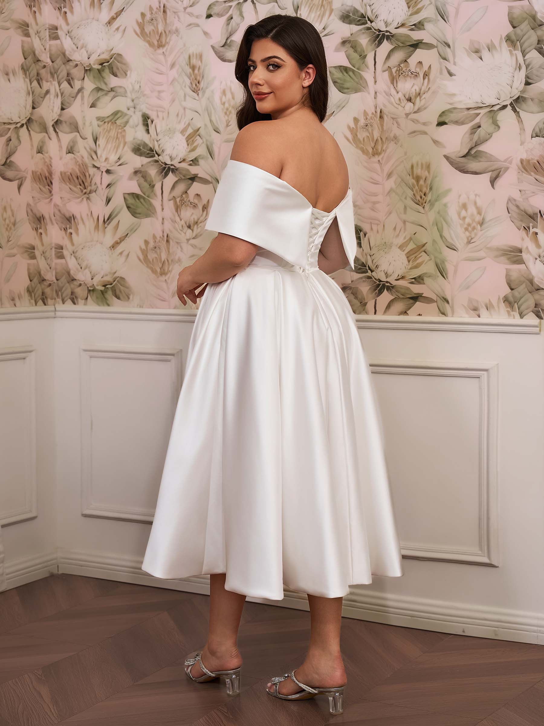 Satin Plus Size A-Line Wedding Dress with Off-the-Shoulder Cap Sleeves
