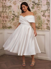 Satin Plus Size A-Line Wedding Dress with Off-the-Shoulder Cap Sleeves