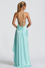 Satin Spaghetti Straps Aqua Blue Long Prom Dress With Ruffles Formal Evening Gown