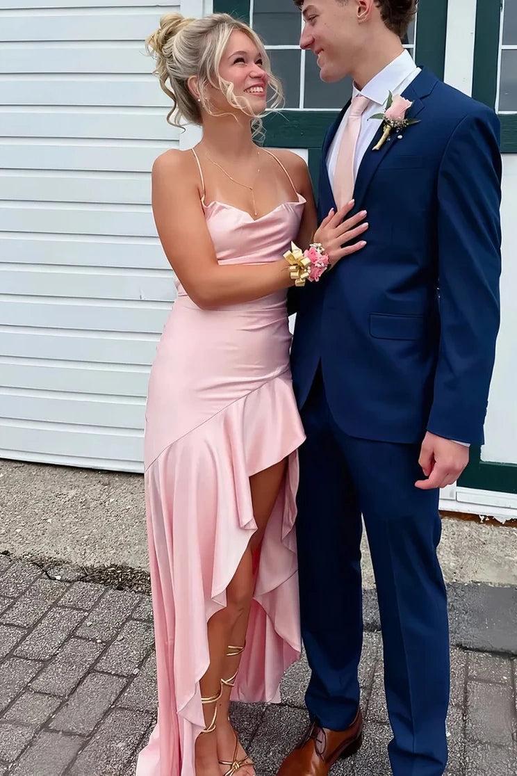 Satin Spaghetti Straps Aqua Blue Long Prom Dress With Ruffles Formal Evening Gown