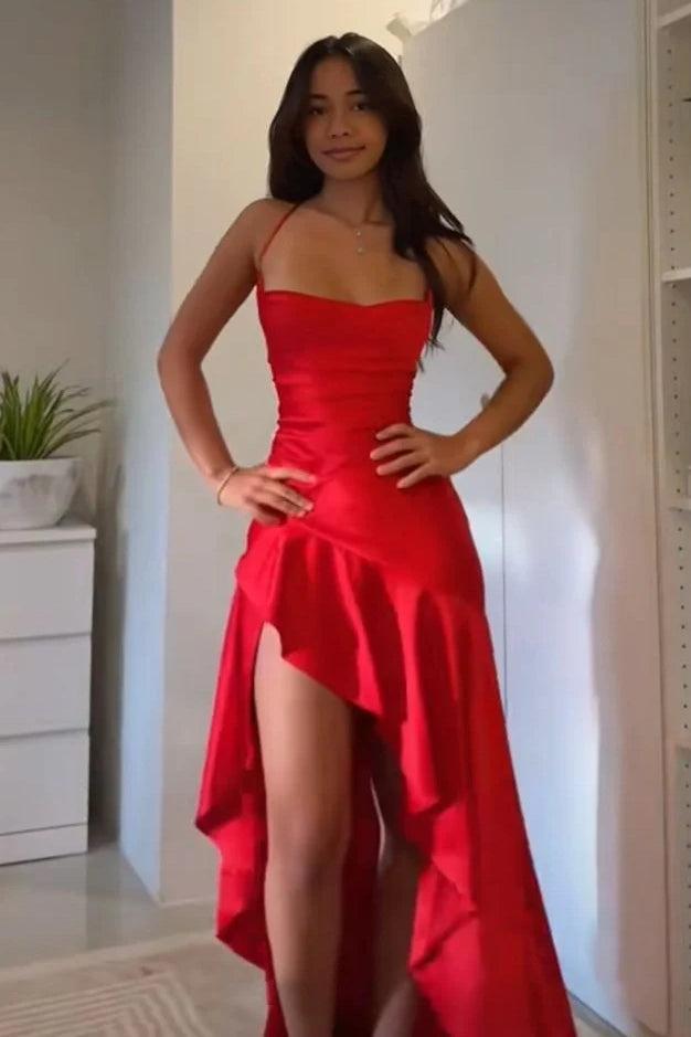 Satin Spaghetti Straps Aqua Blue Long Prom Dress With Ruffles Formal Evening Gown