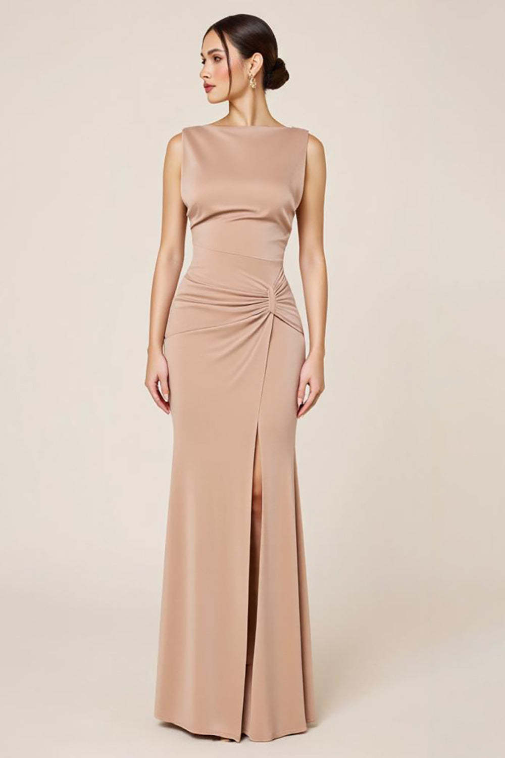 Satin Wedding Guest Dress Sheath Boat Neck Long Evening Dress With Slit