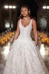 Scoop Neck Corset Wedding Dress Sequined Lace Ball Gown Bridal Dress