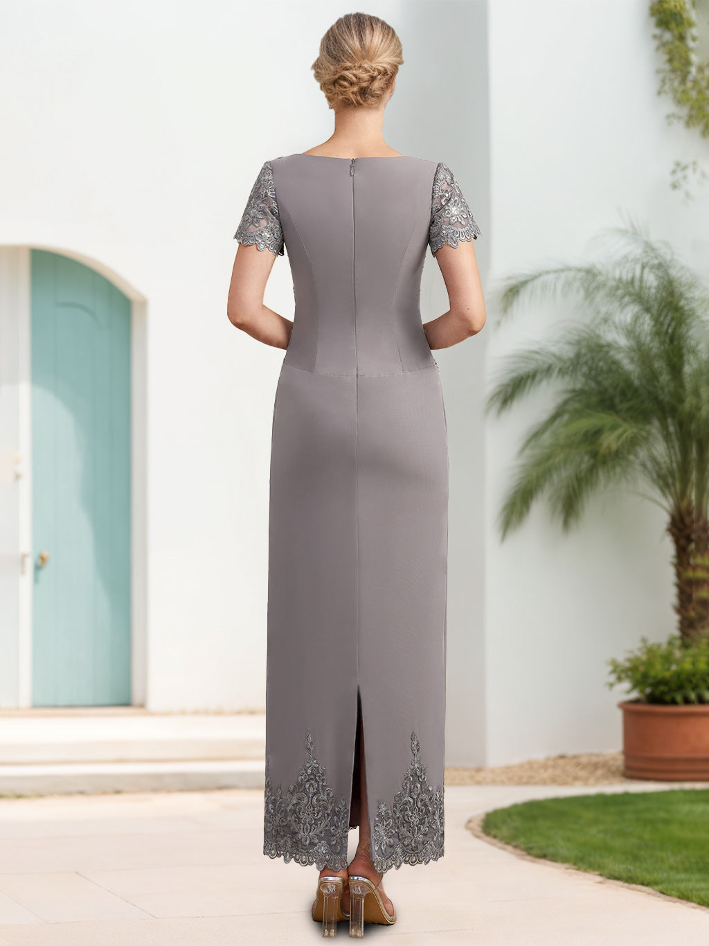 Scoop Neck Short Sleeve Ankle-Length Sheath/Column Mother of the Bride Dress with Appliques