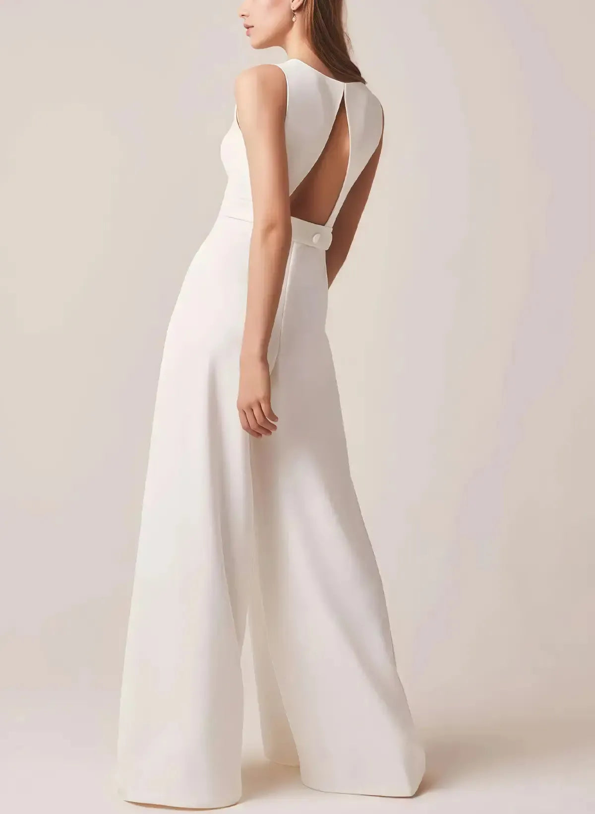Scoop Neck Sleeveless Floor Length Italian Satin Wedding Jumpsuit with Pockets
