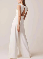 Scoop Neck Sleeveless Floor Length Italian Satin Wedding Jumpsuit with Pockets