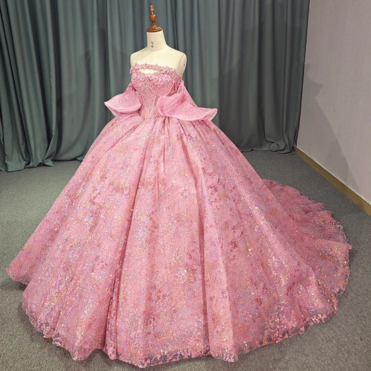 Pink Quinceanera Dress 3D Flowers Appliques Beading Sequins Sweetheart Ball Gowns Sweet 16 Party Dress