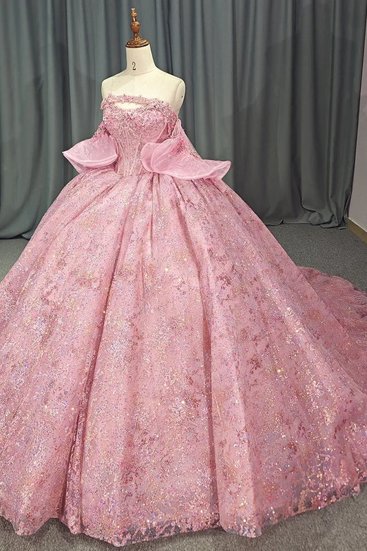 Pink Quinceanera Dress 3D Flowers Appliques Beading Sequins Sweetheart Ball Gowns Sweet 16 Party Dress