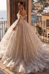 Sequin Ball Gown Wedding Dress with Bow Sleeves and Corset Bodice