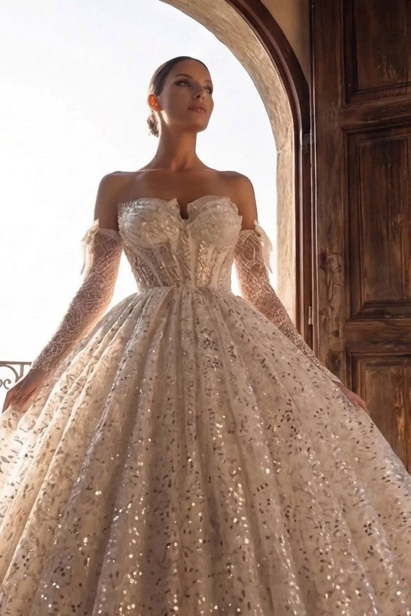 Sequin Ball Gown Wedding Dress with Bow Sleeves and Corset Bodice