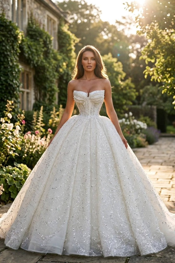 Sequin Ball Gown Wedding Dress with Bow Sleeves and Corset Bodice