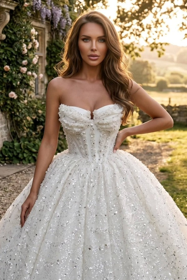 Sequin Ball Gown Wedding Dress with Bow Sleeves and Corset Bodice