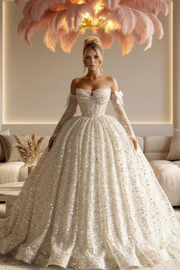 Sequin Ball Gown Wedding Dress with Bow Sleeves and Corset Bodice