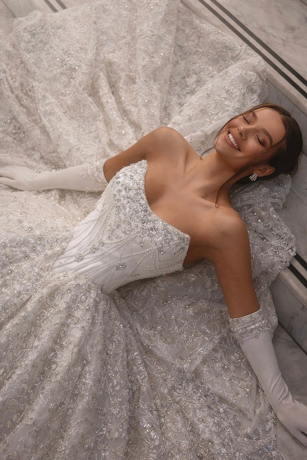 Sequin Ball Gown Wedding Dress with Pearl Draped Corset Bodice