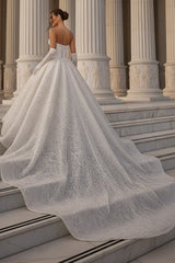 Sequin Ball Gown Wedding Dress with Pearl Draped Corset Bodice