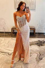 Dreamyannie Beaded Champagne Prom Dress Sweetheart Long Formal Dress With Slit