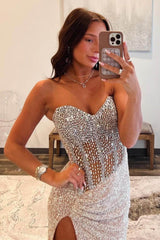 Dreamyannie Beaded Champagne Prom Dress Sweetheart Long Formal Dress With Slit