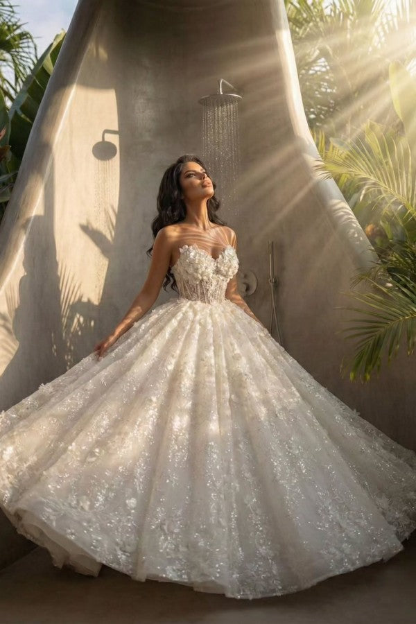 Sequin Lace Ball Gown Wedding Dress with 3D Floral Bodice and Lace-Up Back